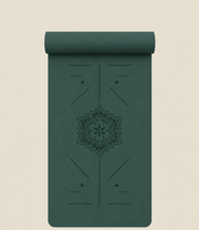 Flowna 6mm non-slip yoga mat in Dark Green / Black with mandala alignment design