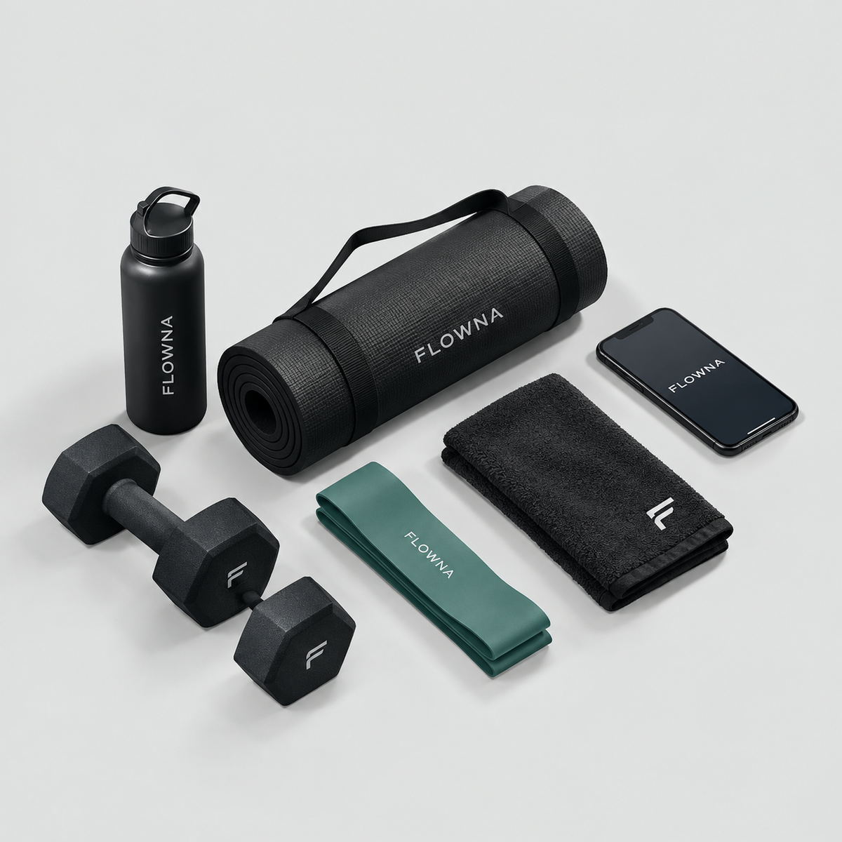 Flowna water bottle, yoga mat, resistance band, towel and dumbbells on a light gray background