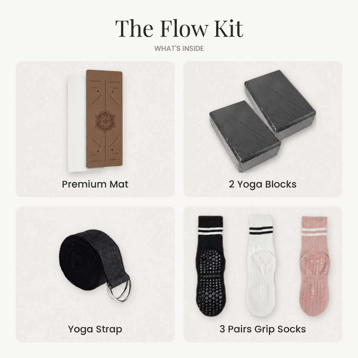 The Flow Kit in Coffee / White: coffee yoga mat with white underside, 2 yoga blocks, yoga strap and 3 pairs of grip socks